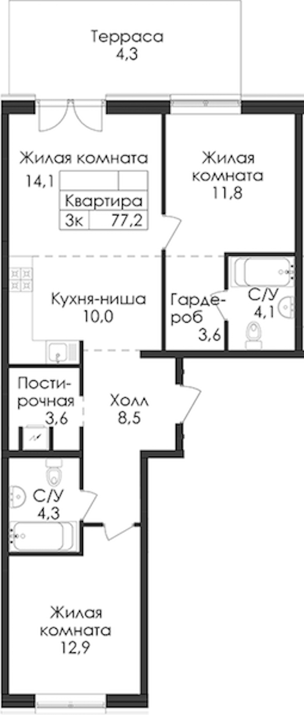 2-комнатная квартира 77.2 м², 1/9 эт., ЖК «Лермонтовский 54»